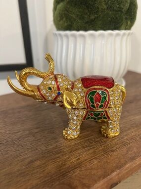 Gold Jeweled Elephant Trinket Box with Red & Green Enamel